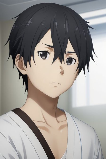 high resolution, solo, best quality, 1Boy, Kazuto Kirigaya, portraits, Black Hair, Black Eyes, bandage, patient, hospital, OverallDetail