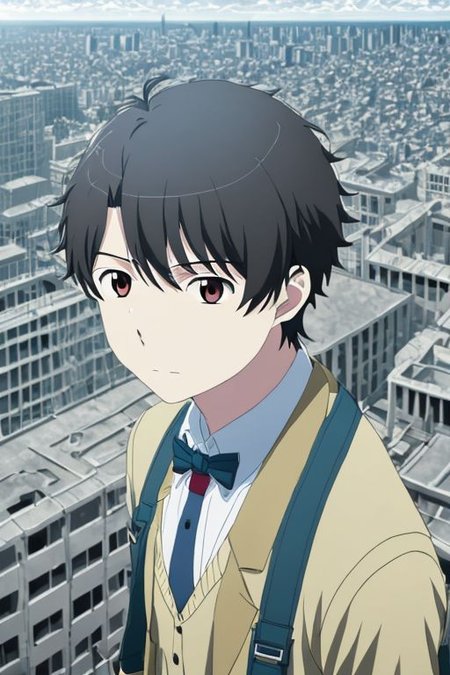 high resolution, solo, best quality, 1Boy, Portrait, Inaho Kaizuka, Black Hair, high-rise, top of building, landscape, depth of field,