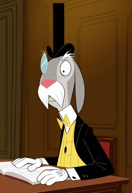 masterpiece, best quality, amazing quality, very aesthetic, absurdres, newest,  high quality, detailed, male, solo male, MrHerriman, 1boy, mature male, male, chubby, anthro, rabbit, grey fur, floppy ears, black eyes, mustache, bushy eyebrows, facial hair, tuxedo jacket, yellow vest, bow tie, top hat, monocle, formal, looking at viewer, half lidded eyes, stern expression, indoors, office, sitting at desk, half body, volumetric lighting