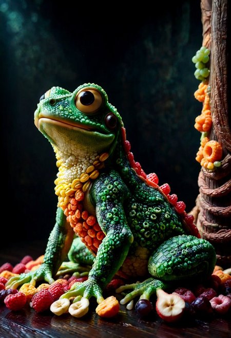 A photorealistic image of a majestic frog made of fruit loops,
intricate details, dramatic composition, tension, contrast, texture, realism, high quality, stunning art, film grain, volumetric lighting, detailed, 
background is dark medieval hall,