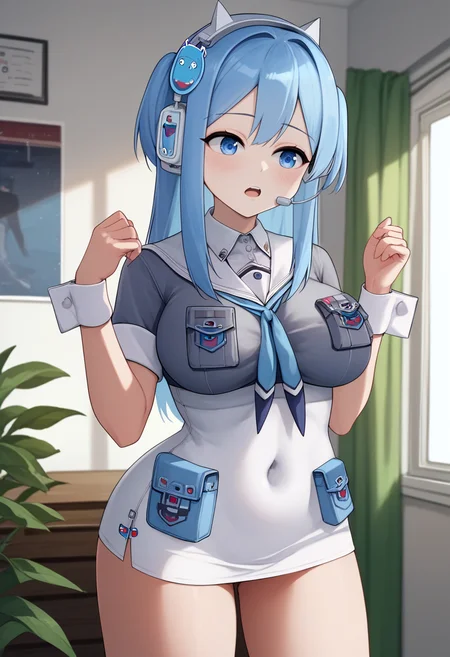 score_9, score_8_up, score_7_up, source_anime BREAK 1girl, solo, <lora:shifty-nikke-richy-v1_pdxl:1> shifty, blue eyes, blue hair, two side up, long hair, hair ornament, animal ear headphones, headset, sailor collar, button badge, serafuku, blue neckerchief, grey shirt, short sleeves, wrist cuffs, breast pockets, pouch, white dress, covered navel, bare legs, standing, indoors, huge breasts, blush, open mouth,