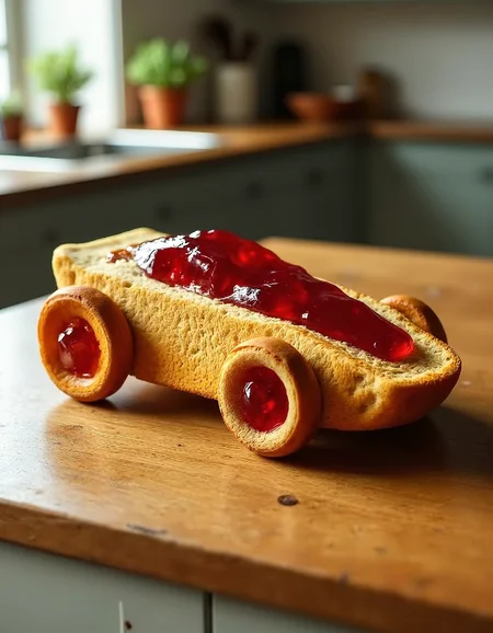 detailed photo of a jam-sportscar built on a toasted bread foundation standing on a kitchen table, wheels made of toasted bread with jam on top of them