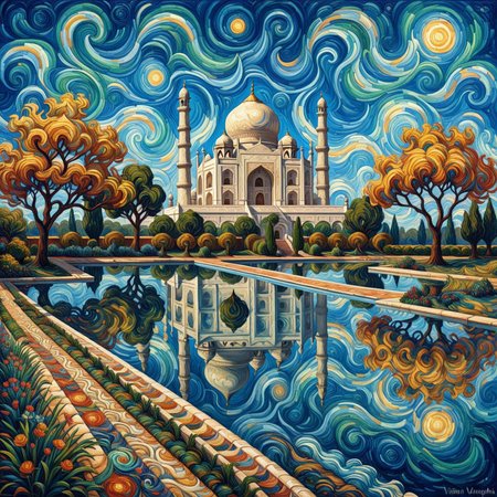 The Taj Mahal reimagined as a painting in the style of Vincent van Gogh. The iconic structure is depicted with bold, textured brushstrokes that bring a dynamic energy to its serene beauty. The white marble domes and minarets are rendered with soft swirls and layered strokes of cream, gray, and subtle blues, giving them depth and movement.

The surrounding gardens and reflecting pool are alive with expressive strokes of greens and blues, while the sky above is a dramatic swirl of Van Gogh's signature yellows, golds, and deep blues, creating a vibrant, starry backdrop. The painting captures the ethereal elegance of the Taj Mahal, blending its timeless architecture with the emotive, flowing artistry of Van Gogh, resulting in a dreamlike and evocative composition, oil painting, mad-vangoghian