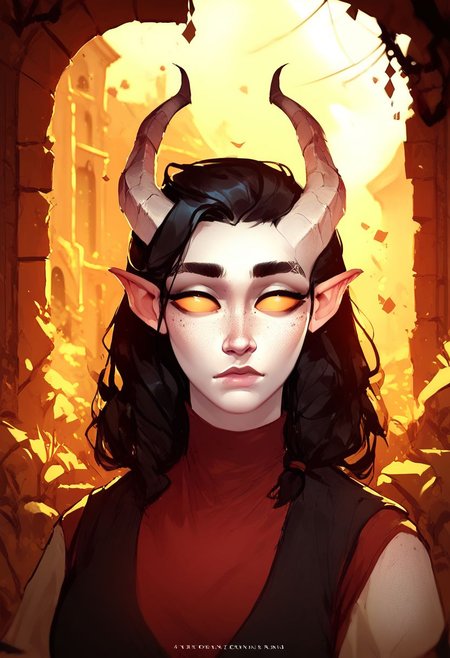 score_9, score_8_up, 8, score_7_up, score_6_up, ((masterpiece)), solo, portrait,
Tiefling, pointed ears, horns, colored sclera, 1Girl, black hair, white skin, freckles, thick eyebrows, shirt, tail
Fantasy ruins of the scenery