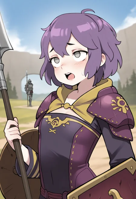 masterpiece,best quality,amazing quality,
bernadetta von varley, 1girl, armor, grey eyes, purple hair, polearm, weapon, shield, short hair, holding, holding weapon, open mouth, solo, full armor, spear, upper body, holding polearm,
 <lora:Qtkat:1>