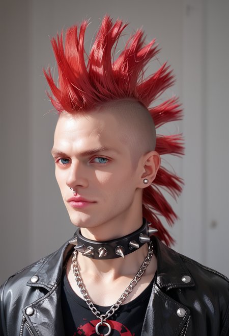 score_9, score_8_up, score_7_up, score_6_up, score_5_up, score_4_up,  1boy, solo, piercing, leather jacket, multiple chain necklaces, shirt, spiked collar, o-ring, pink lips, hud_m0hawk, mohawk, very short hair, red hair, <lora:mohawk:0.8> , portrait