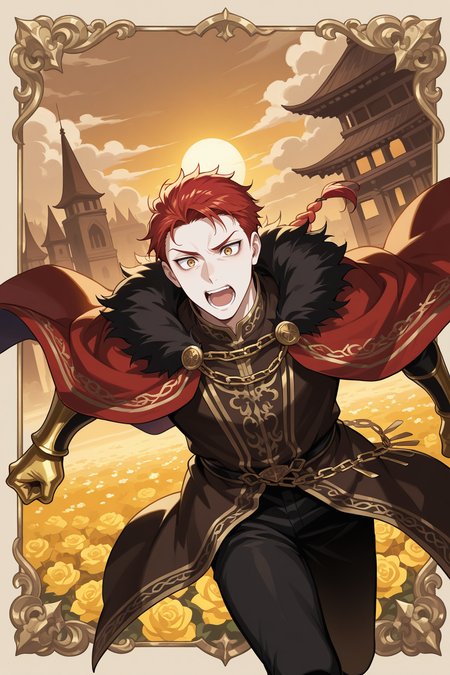 masterpiece, best quality, good quality, newest, highres, incredibly_absurdres, bright colors, perfect quality, absolutely eye-catching, detailed background, detailed face, detailed eyes, detailed, (dramatic angle, Storytelling visuals), 1man, male focus, solo, bishounen, tsurime, (manly), gay, yaoi, (((mature male))), guy,pale skin, gold eyes, red hair, very short hair, long braid, high collar, black cape, cloak chain, red doublet, (fur trim), vambraces, black pants, brown boots, black and red robe with gold embroidery, red cloak, black fur, golden hands, fire sorcerer, dragon sorcerer, clear day, sunset, architecture, brown theme, building, cloud, cloudy sky, outdoors, cheerful, happy, open mouth, flower field , surreal, run, running, laugh, yellow rose, shot of a Emerald Iris deep focus, yellow flowers, drama, outside border, Intricate, Vibrant colors, Soft Shading, Simplistic Features, Sharp Angles, Playful, S-shaped composition, cowboy shot, (dynamic pose), DRTwstd <lora:Daars_style_-_Twisted_Wonderland:0.8>