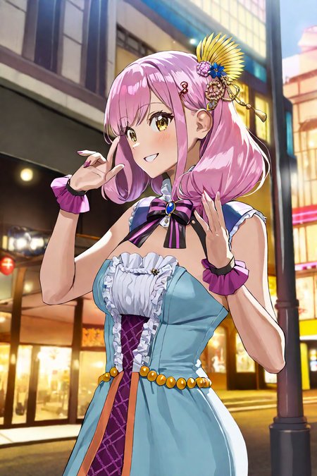 (1girl:1.2),(solo:1.2),by futami yayoi,masterpiece,best quality,aesthetic,beautiful,beautiful color,amazing quality,detailed clothes,hair ornaments,pose,street background,smile,cowboy shot,nice hands,perfect hands,