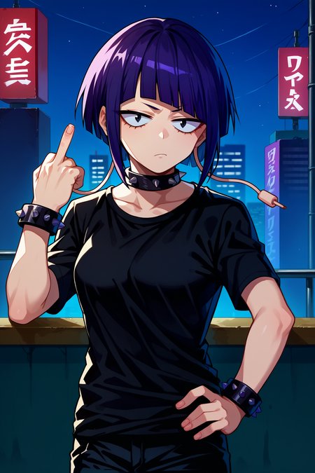 score_9, score_8_up, score_7_up, score_6_up, source_anime, 1girl, solo <lora:kyoukajiro-pdxl-nvwls-v1-000006:1> bnhakj, black hair, purple hair, short hair, blunt bangs, black eyes, audio jack, long earlobes, black shirt, short sleeves, black pants, spiked choker, spiked bracelets, looking at you, night, city, bored, hand on hip, middle finger, medium breasts
