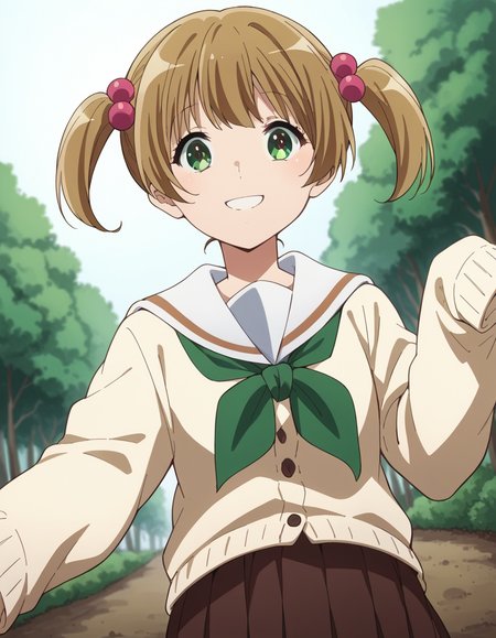 score_9, score_8_up, score_7_up, source_anime, <lora:satsuki-suzuki-s3-ponyxl-lora-nochekaiser:1>, satsuki suzuki, short hair, bangs, brown hair, hair ornament, twintails, green eyes, light brown hair, hair bobbles,, long sleeves, school uniform, serafuku, sailor collar, neckerchief, sleeves past wrists, cardigan, white sailor collar, kitauji high school uniform, green neckerchief, skirt, pleated skirt, brown skirt,, path, dirt, nature, walk, plants, smile, from below, looking at viewer, solo,, dutch angle, cowboy shot