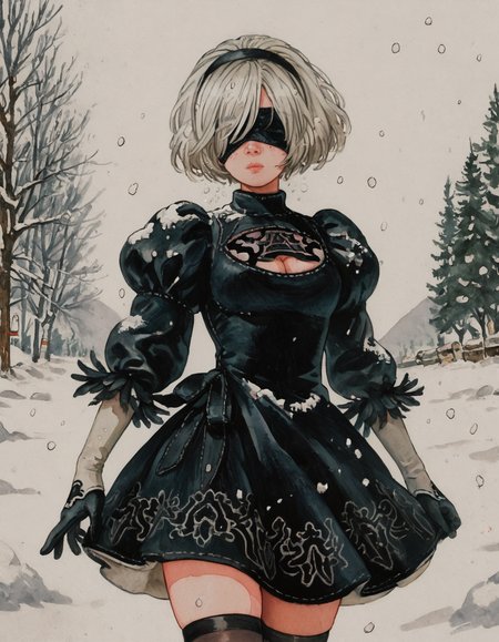 score_9, score_8_up, score_7_up, 1girl, solo, snow,  <lora:QT_Comicstrip_Style:1> source_cartoon, source_anime, copic marker, watercolor_effect, marker, inking, drawing, vivid, colorful, flat_color,    <lora:2b-PDXL-V1(test):1> 2b, long_sleeves, gloves, dress, cleavage,black_gloves, puffy_sleeves, black_thighhighs, mole, black_dress, clothing_cutout, cleavage_cutout, black_hairband, juliet_sleeves, mole_under_mouth, blindfold, vambraces, covered_eyes, black_blindfold