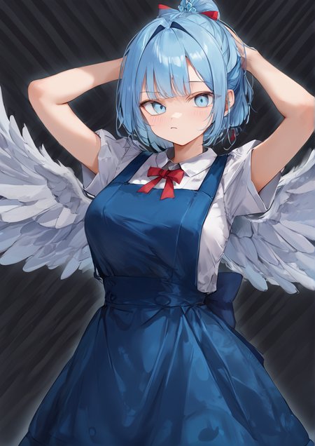1girl, cirno, huge breast, arms up, barefoot, black background, blue bow, blue dress, blue eyes, blue hair, bow, breasts, dress, floating clothes, hair bow, hair ribbon, half updo, hands on own head, light frown, looking at viewer, neck ribbon, pinafore dress, puffy short sleeves, puffy sleeves, red ribbon, ribbon, shirt, short hair, short sleeves, sideways glance, sleeveless, sleeveless dress, snowflake background, solo, striped, striped background, white shirt, wings, <lora:Pepa:1>