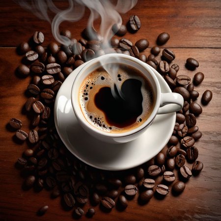 Ultra realistic full body color pencil drawn portrait of  
a cup of steamy coffee (seen from above) placed on a wooden table, with coffee beans on the table around the coffee cup.
BREAK
Deep dark intense brown foggy background, dynamic lighting, (soft shadows), (soft focus),  (photo realistic), uhd, 8k