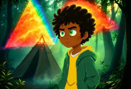 max (camp camp), dark fantasy theme, rainbow colored silhouette outline against a dark background,max (camp camp), 1boy, solo, human, male focus, curly black hair, curly tousled black hair, afro, dark skin, dark-skinned male,  large eyes, round eyes, green eyes,small nose, triangular nose, pointed nose, beautiful forest horror, anime, magical fantasy, plasma pattern, dark lights
,epic, cinematic colors, masterpiece, detailmaximizer, midjourneyv6.1
