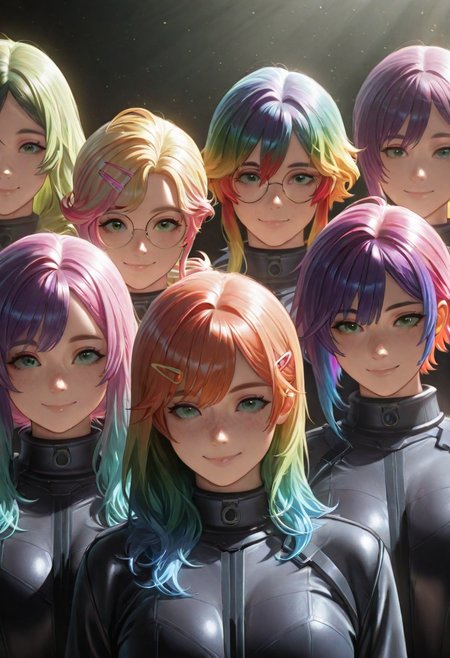 masterpiece,best quality,higres illustration,detailed face, ,lineup,smile, endless cosmos background, round glasses, short intricate spikey hair, multicolored hair, rainbow colored hair, freckles, green eyes, candy hairclip, different outfits, fractal nature of the multiverse, volumetric lighting, light particles, very aesthetic, vibrant colors, stunning visuals,