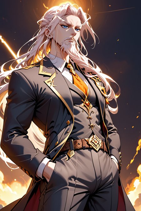 score_9, score_8_up, score_7_up, masterpiece, high quality, extreme detail, absurdres, (detailed skin texture) BREAK
 <lora:Ji TiandaoPonyLora:1>jitiandao, long hair, thick eyebrows, white hair, facial hair, beard, mustache, old, black suit, collared shirt, belt, pants, hands in pocket, from below, serious look, black background, backlightning, orange light