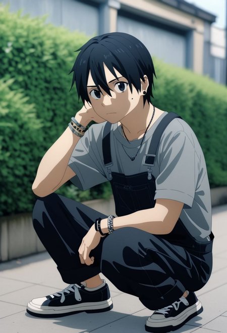 high resolution, professional photography, best quality, 1Boy, Kirigaya Kazuto, Black Hair, Black Eyes, overalldetail, lofi, candid, squat, depth of field, shirt, photo model, looking at viewer, bracelet, necklace, sneakers