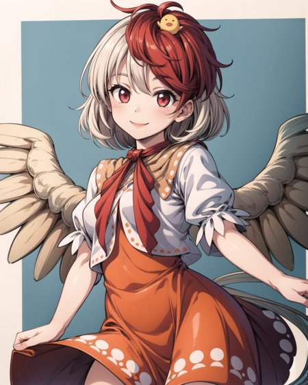 <lora:touhou_niwatari-10:1.0>, cowboy shot, solo, 1girl, niwatari kutaka, smile, looking at viewer, bird on head, orange dress, shirt, puffy short sleeves, wings, tail, <lora:add_detail:1>, masterpiece, best quality, perfect composition, <lyco:GoodHands-beta2:1.0>