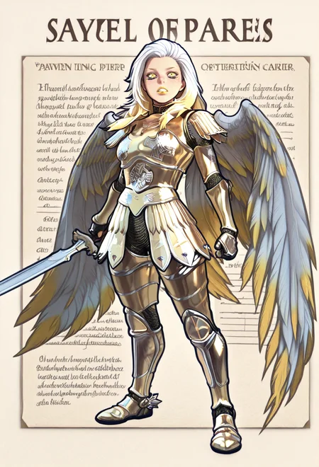 (masterpiece, best quality:1.2), absurdres, 8k, HDR, Western Animation, incoth, (incase:0.6), D&D character Sheet, tabletop role-playing game illustrated character sheet on parchment paper, parchment paper, title text, lots of text in the foreground, notes, attributes, abilities, notes describing her attributes listed like on a D&D character sheet, text showing his attribute scores, Notes in English text detailing her inventory and abilities, old parchment paper background, in the style of a Dungeons & Dragons character sheet, 1girl, solo, vasiyuriel, pointy ears, two tone hair, white hair, yellow hair, yellow eyes, colored sclera, makeup, facial mark, yellow lipstick, tattoo, wings, long hair, gold armor, gold chainmail, holding, holding sword, full body shot
 <lora:Vasiy-Uriel_v3:1> <lora:DD_Character_Sheet:1>  <lora:AnimeGraffity222:1>