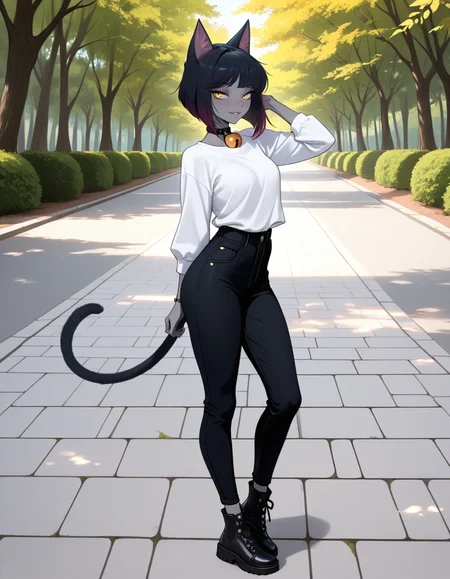 masterpiece, best quality, very aesthetic, absurdres,
outdoors, casual, 
full body, standing, posing,
seductive smile, parted lips, long eyelashes,
<lora:Agnes_v01_NAIXL:1>
4gn3s,1girl,solo,cat girl,cat ears,multicolored hair,bangs,bob cut,yellow eyes,neck bell,grey skin,cat tail,