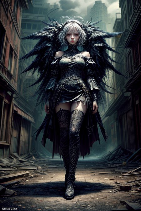1 girl,at distance,cowboy shot,blue glowing,blue eyes,white hair,short hair,
<lora:Concept_-_Hella-sthetic_v2:0.7>,(at distance,the full and whole body,full length shot:1.3),<lora:Concept_-_More_Details_v1.0:1>,elbow gloves,blindfold,hairband,mole under mouth,clothing cutout,long sleeves,puffy sleeves,juliet sleeves,feather trim,thighhighs,post-apocalypse,ruins,abandoned city background,, intricate, elegant, highly detailed, symmetry, magical atmosphere, sharp focus, majestic, very coherent, radiant, advanced, cinematic, artistic, fine detail, winning, beautiful, stunning, dramatic light, designed, rich deep colors, perfect professional background, ambient, tailored set composition