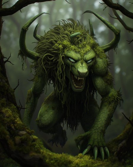 <lora:ck-LttleGhost-000011.safetensors:1> in the style of ck-lttlegh0stI plunge into the unnerving yet captivating "Crouching Beast", a digitally fabricated creature with realistic detailing. Moss covers its body, while hair twirls around it like an intricate web. Prehistoric and mythical elements converge to form this enigmatic being. The image is shot from a low angle, emphasizing the moss and hair, presenting every scale on its green hide and sharp claws in meticulous detail.