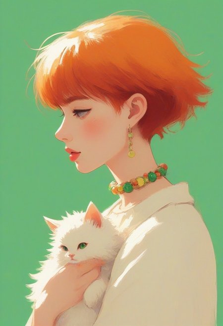 haute couture fashion, composition masterfully embodies sensuality and style, redhead woman in sexy haute couture clothes holds her silly little kitten, short red hair, undercut hairstyle, emerald-green eyes, beautiful, prim, profile, reimagined in vivid pop art style, simplicity, minimalism, most original, weird, test sketch figure, layers of diminishing detail create a sense of depth from basic two-dimensional forms, aristocratic, accessories, choker collar,