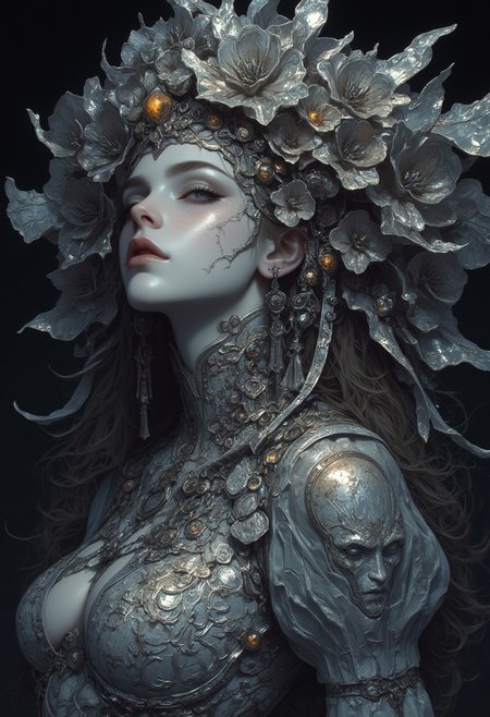 Silver statue of a woman, her skin composed of delicate, textured silver flakes, with chrome and glass flowers intricately woven into her hair, her eyes gleaming with a warm, bluish light, wearing a majestic, windy-blown ornate gown with tattered, silver petals, reminiscent of a dark, dystopian world, her face and shoulders illuminated by a soft, ambient glow, as if radiating an otherworldly energy, in the styles of Royo's dark, mystical realism, Artgerm's hyper-detailed, metallic sheen, and Lovecraft's eerie, atmospheric tension, with meticulous attention to intricate textures, dramatic shading, and a sense of haunting, ethereal beauty.