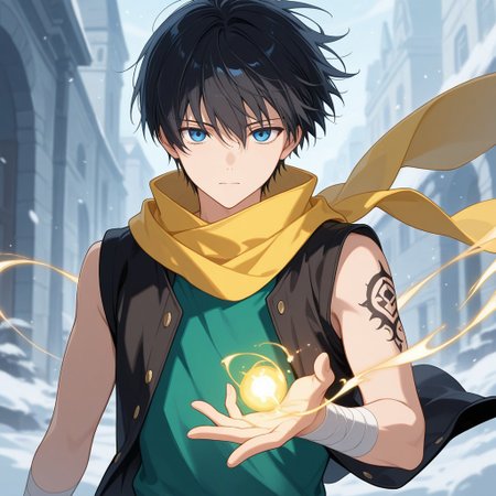 score_9, score_8_up, score_7_up, score_6_up, highly detailed, masterpiece, best quality,detailed,intricate details, amazing quality, best aesthetic, absurdres,source_anime, male focus, 1boy, black sleeveless open jacket, bandaged arm, green shirt, black hair, blue eyes, male focus, yellow scarf, tattoo, short hair, magic, wind, open area, windy plains