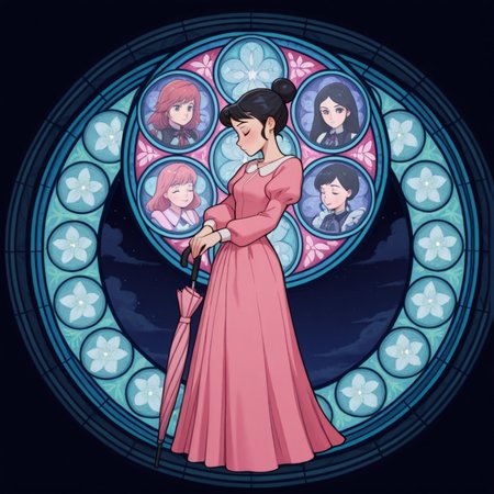 masterpiece, best quality, amazing quality, very aesthetic, absurdres, newest, 4k, 8k, 
divetotheheartxd, circle, black background, stained glass, round image, 1girl, umbrella, dress, solo, closed eyes, pink dress, black hair, single hair bun, hair bun, long sleeves,
 <lora:STATION_OF_AWAKENING_V2:1>