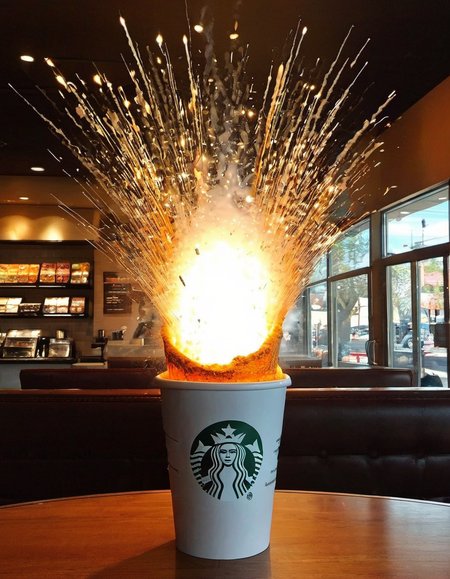 Explosion Artstyle coming from inside a starbucks coffee cup, overpriced, woke, surreal, disturbing, photorealistic, high resolution, beautiful, highest quality, masterpiece, highly detailed,  <lora:add-detail-xl:0.85> <lora:Explosion Artstyle - Trigger is Explosion Artstyle:1>