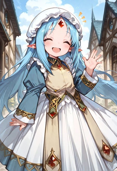 masterpiece, best quality, good quality, very awa, very aesthetic, absurdres, newest, gr4ph1t3, beautiful eyes, perfect eyes, detailed eyes, 1girl, solo, eset_kalar_il ,pointy ears,blue hair,long hair,red gem forehead,, Victorian style maid clothes, full sleeves, long apron, classic, maid mob cap, looking at viewer, happy, open mouth, closed eyes, very cute, blush, heartwarming, waving hand, motion lines, closeup, outdoors, intown, fantasy