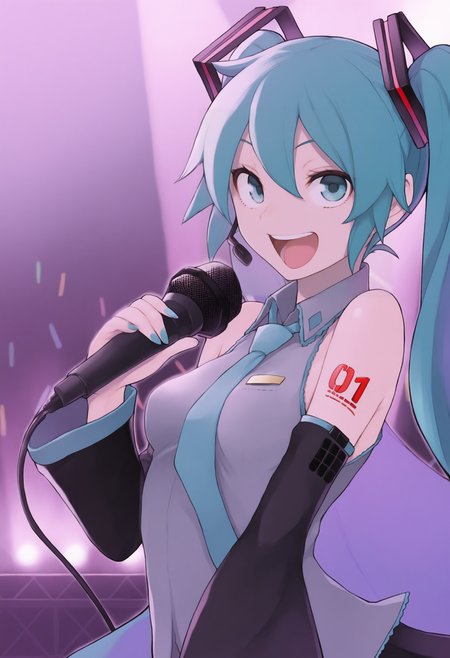 masterpiece, best quality, solo, 1girl, smile, looking at viewer,  <lora:Yasuda-Suzuhito-illus_Fp:1>, hatsune miku, holding microphone, singing, stage,