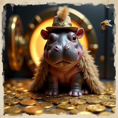 A cute Polaroid photograph capturing a baby hippo, Realistic photo of super cute Baby mini hippo sitting on golden coins in a bank safe, super realistic hippo, hyper cute mini hippo baby trending on tik Tok,  wearing a fur coat, dressed as a pimp, baby hippo snoop doggy dog, ultra cute image with text written above in fancy romantic hand written golden letters art deco style emblem " Buzz P.I.M.P." , hip hop video short lense image, super elegant and high class photography, golden coins are Kruger Rand with image of a flying bee, coins flying close to viewer. Round gate of safe in behind, golden backlight shroud open door, hippo wears zebra fur cape and fancy hat with feathers like an 1970s pimp. Cute hippo with big glossy black eyes and round cute nose with cute bristles. Fisheye lense, glow, action shot, title emblem with lots of decoration and text: "buzz bump" Dutch angle, nameplate,  Dutch angle, tilted image, tik Tok. Big mouth wide nose,round face, big head, wet skin, baby hippo moo deng.