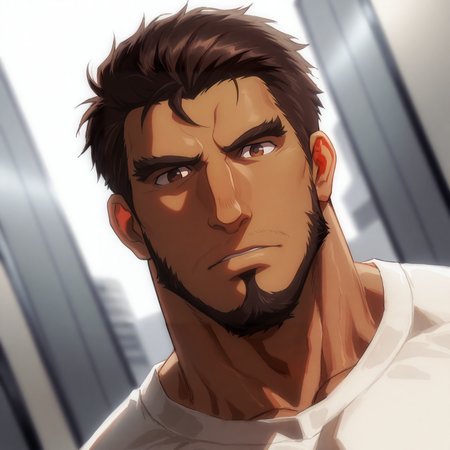 <lora:Gazef_Stronoff-000007:1>,Gazef Stronoff, Brown hair, brown eyes, Dark skin, face focus, close-up, looking at the viewer,
(very short hair, beard, bara, mature, facial hair, stubble), facial hair,male focus, muscular male, muscular male, bara, mature,  bara, mature, dutch angle,
aixiwuganda_(20222192), very awa, masterpiece, best quality, absurdres, newest, perfect quality, detailed background, intricate details,
<lora:slider_Body Type_alpha1.0_rank4_noxattn_last:2><lora:style_Anime Summer Days 2 Style SDXL_LoRA_Pony Diffusion V6 XL:.6><lora:slider_cfg_scale_boost:.7><lora:Artist6p:.55> Artist6p, Artist04p,<lora:slider_il_brightness_slider_d1:-1><lora:slider_il_contrast_slider_d1:-1><lora:slider_DarkSlider1.2_alpha1.0_rank16_full_300steps:-.6>