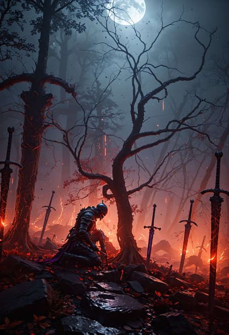 ancient tree, swords in stone, vertical position of sword, glowing sword, violet glowing, kneeling knight, ritual, close up, mysterious fog around the sword, the fog glows , runes glow red dim light, glass of blood, sculls, moon light, corpses of warriors, skeletons, 4K resolution, photorealistic rendering, using cinema 4D Wide range of colors., Dramatic,Dynamic,Cinematic,Sharp details Insane quality. Insane resolution. Insane details. Masterpiece. 32k resolution. dark, chiaroscuro, low-key
OverallDetailXL  <lora:SDXLFaeTastic2400:0.4>  <lora:DetailMaximizer:0.7> detailmaximizer <lora:MJ52:0.3>