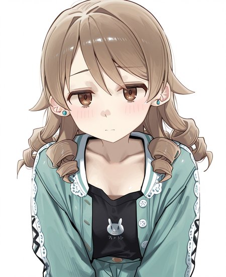 <lora:syhanC:1> syhan,
(masterpiece), (best quality), (ultra-detailed), amazing quality, very aesthetic, illustration, perfect composition, intricate details, absurdres, incredibly absurdres, shiny skin, realistic,
 syhan, morikubo nono, solo, 1girl, simple background, white background, blush, light brown hair, looking at viewer, collarbone, stud earrings, jacket, jewelry, drill hair, earrings, open clothes, brown eyes, long sleeves, closed mouth, black shirt, morikubo nono, sensitive
