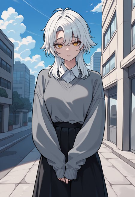 masterpiece, best quality, newest, solo, 1girl, dthdvl, expressionless, looking at viewer, standing, v arms, medium hair, white hair, yellow eyes, ringed eyes, raised eyebrows, grey sweater, sleeves past wrists, white shirt, collared shirt, long skirt, black skirt, outdoors, blue sky, cloud, city, sidewalk
<segment:yolo-Anzhc Face seg 640 v2 y8n.pt,0.4,1//cid=11>