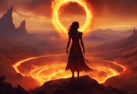 score_9, score_8_up, high quality, fire, 4k, fantasy setting, magic fire, 
massive, wide, scorched landscape littered with burned armor and weapons
kneeling in the middle of the wasteland is a, solo, silohuette of a tiny female sorceress with their hands held up to the sky with two concentric rings of fire above them destroying everything