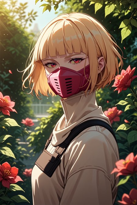 score_9, score_8_up, score_7_up, score_6_up
<lora:ERKiwi:1.0>
ERKiwi, 1girl, blonde hair, short hair, red eyes, colored sclera, blunt bangs, mouth mask, looking at viewer, standing in a sunlit garden, surrounded by blooming flowers, soft focus background with bokeh, gentle breeze rustling through leaves, romantic and dreamy ambiance