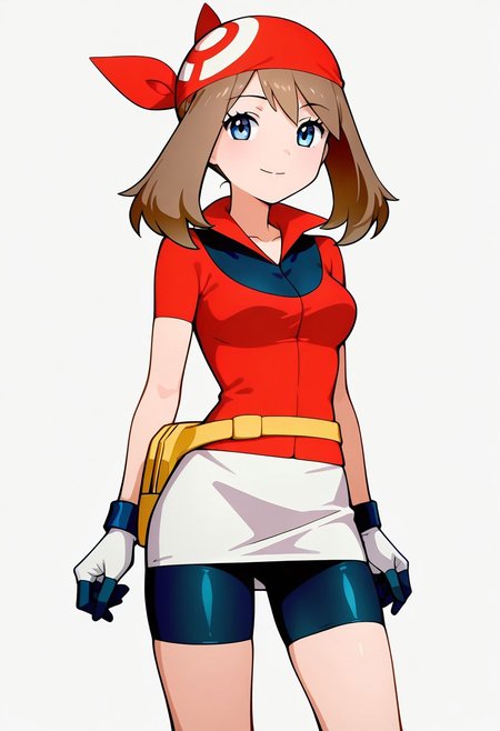 masterpiece, best quality, medium breasts,  BREAK,  zzMay, may (pokemon), solo, brown hair, blue eyes, medium hair, red shirt, bike shorts, red bandana, red shirt, gloves,  white miniskirt, yellow belt,  <lora:MayPokemonIXL_v2:1.0>, smile, looking at viewer, cowboy shot,   <lora:ShoujoRamuneIXL:1.0>,