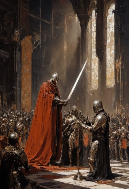 A realistic medieval knighting ceremony set in a grand castle hall. The scene features a high-ranking nobleman or king, wearing a resplendent red cape with gold accents, standing on a raised platform illuminated by soft sunlight streaming through tall stained-glass windows. He holds a gleaming ceremonial sword, tapping it lightly on the shoulder of a kneeling knight in full plate armor, signifying the oath of fealty. Surrounding the platform are rows of onlookers, including knights in polished armor, nobles in elegant robes, and guards holding banners adorned with intricate heraldry. The atmosphere is solemn yet majestic, with warm sunlight highlighting the rich reds, golds, and silvers of the setting, while shadows add depth to the stone walls and ornate tapestries. The polished marble floor reflects the soft glow of flickering candles on iron candelabras, completing the scene with a sense of historical grandeur and reverence. <lora:frazetta_flux_v2-000150.safetensors:0.5>,  <lora:Flux_-_Renaissance_art_style.safetensors:0.15>,  <lora:ancient.safetensors:0.3>,  <lora:Elden_Ring_-_Yoshitaka_Amano.safetensors:1.0>,  <lora:aiai-Glimra-Flux-Dev-v2.safetensors:1.0>,  <lora:ARTifacts.safetensors:0.5>,  <lora:Movie_Portrait.safetensors:0.5>,  <lora:- Flux1 - soothing_atmo_V2.0.safetensors:0.2>,  <lora:lith_mimosa_kiel_grw134_FLUX.safetensors:0.4>,