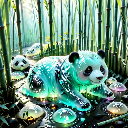 embedding:lazympos a slime panda lounging in a bamboo forest of wobbling gelatin stalks, black slime patches shimmering, translucent bamboo shoots leaking glowing sap, firefly-like slime orbs, sl1m3d, slime-morph <lora:Slime_Morph_V4:1.0000000000000002> <lora:TrendCraft_The_Peoples_Style_Detailer-v2.1A-3_12_2025-SDXL:0.20000000000000004>