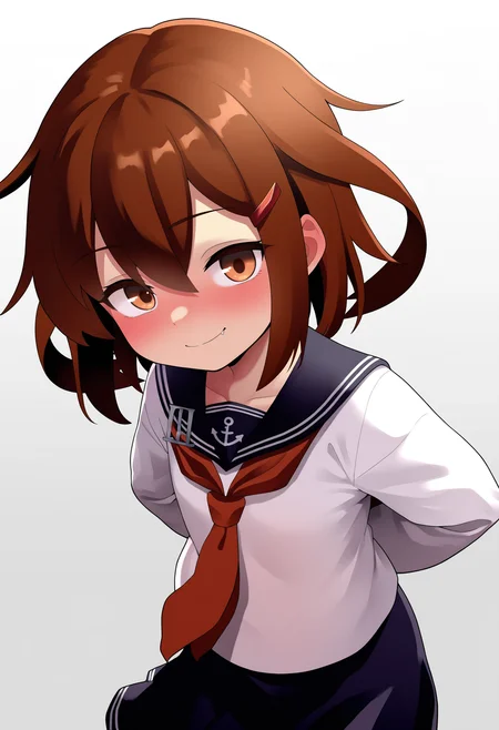 best quality, amazing quality, very aesthetic, absurdres,
1girl, ikazuchi \(kancolle\), brown hair, short hair, brown eyes, hairclip, fang,
anchor symbol, black sailor collar, long sleeves, neckerchief, school uniform, serafuku, pleated skirt,
hands behind back, smile, upper body, looking at viewer, solo, simple background, white background,    <lora:IkazuchiNoobXL_byKonan:1>