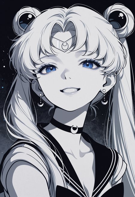 masterpiece, best quality, amazing quality, very aesthetic, absurdres, newest, cvle01, 1girl, solo, (minimalism:1.2), flat-colors, flat-shading, monochrome, (spot-color), tsukino-usagi, sailor-moon, blue-eyes, smile, grin, head-tilt, facing-viewer, portrait, abstract-background, two-tone-background, gradient-background, detailed hair, volumetric lighting, realistic-lighting,