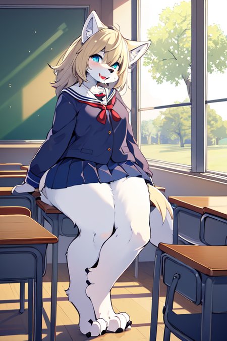 1girl, cat girl, (furry:1.5), light blue fur, blue eyes, blonde hair, body fur, classroom, school uniform, solo, medium breasts, midget, short, plump, (thick thighs:0.5), collar <lora:lycoris_s01:0.6>