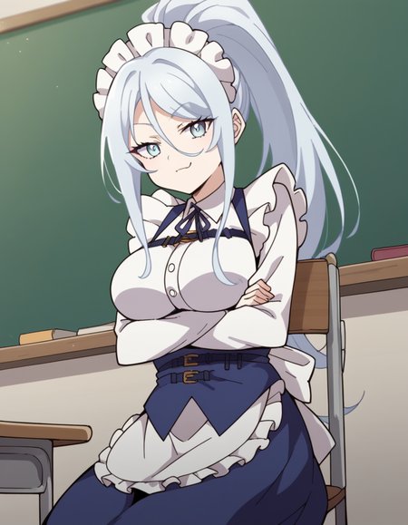 score_9, score_8_up, score_7_up, source_anime, <lora:sylpha-langlis-s1-ponyxl-lora-nochekaiser:1>, sylpha langlis, long hair, blue eyes, hair between eyes, ponytail, white hair,, large breasts, apron, maid, maid headdress, maid apron, frills, long sleeves,, classroom, chalkboard, daytime, studying, sitting, chair, desk, , crossed arms, smug, looking at viewer, solo,, dutch angle, cowboy shot