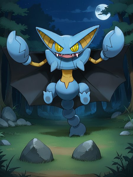 score_9, score_8_up, score_7_up, score_6_up, score_5_up, score_4_up, masterpiece, 32k, highres, absurdres, sharp outlines, raGliscor, black wings, yellow eyes, yellow sclera, yellow torso, yellow arms, light blue skin, pokemon \(creature\), outdoors, sky, forest, no humans, night, fangs, moon, standing on tail, grass, nature, rock, (full moon:1.3), glowing moon, shadows, front view, big moon in background