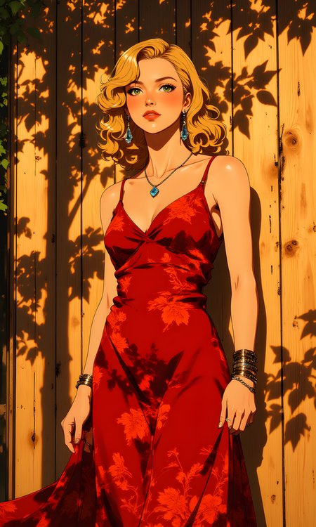 The scene is bathed in the warm, golden light of a setting sun, casting long shadows and bathing everything in a soft, radiant glow. A woman stands gracefully against a backdrop of vertical wooden planks, their surface smooth and weathered by time. The wall is adorned with the delicate silhouettes of leaves, their shadows dancing across the wood like fleeting whispers of nature. The interplay of light and shadow creates a sense of depth and texture, as if the very air around her hums with life.
She is the embodiment of elegance, her presence commanding attention without effort. Her hair is a cascade of golden blonde curls, cascading down her shoulders in waves that seem to shimmer under the sunlight. Each strand reflects the warmth of the day, giving her an almost ethereal quality. Her eyes are striking, a deep green that seems to hold the secrets of the forest within them. They are framed by perfectly arched brows and long, thick lashes, adding to her captivating gaze. Her expression is serene yet enigmatic, as though she carries stories untold within her soul.
Draped over her form is a gown of rich, velvety red, its fabric flowing elegantly to the ground. The dress is adorned with intricate floral patterns, each bloom meticulously detailed, as if hand-painted onto the silk. The design is both bold and sophisticated, with thin spaghetti straps that crisscross at the neckline, creating a delicate V-shape that accentuates her graceful shoulders. The fabric clings to her figure in all the right places, highlighting her curves with a touch of sensuality, before falling away into gentle folds that pool at her feet.
Around her neck rests a delicate necklace, its chain fine and elegant, holding a pendant that catches the lightâa gemstone that glimmers like a star. It hangs just above her chest, drawing the eye to the subtle details of her attire. Her ears are adorned with large, dangling earrings, their blue hues contrasting beautifully with the fiery tones of her dress. They sway ever so slightly, hinting at movement even as she stands still.
Her arms are adorned with jewelry that speaks of refinement and artistry. On one wrist, a stack of braceletsâeach unique in designâadds layers of texture and sparkle. Their metallic surfaces reflect the sunlight, catching the eye with their intricate craftsmanship. Her hands are poised gracefully, one resting lightly on her hip, fingers splayed as if to adjust the fabric of her dress, while the other hangs by her side, relaxed yet poised.
The overall effect is one of timeless beauty and quiet confidence. She exudes an aura of sophistication, as though she has stepped out of a page from a glamorous past or a dream of opulence. The setting enhances this feeling, with the wooden wall and the leafy shadows creating a backdrop that feels both natural and intimate. It is as if she is part of a story waiting to unfold, a character frozen in a moment of perfect harmony between herself and the world around her.
j_art, anime, anime art, <lora:FLUX\jul\J_Anime:0.7>, <lora:FLUX\RealAnime:0.7>