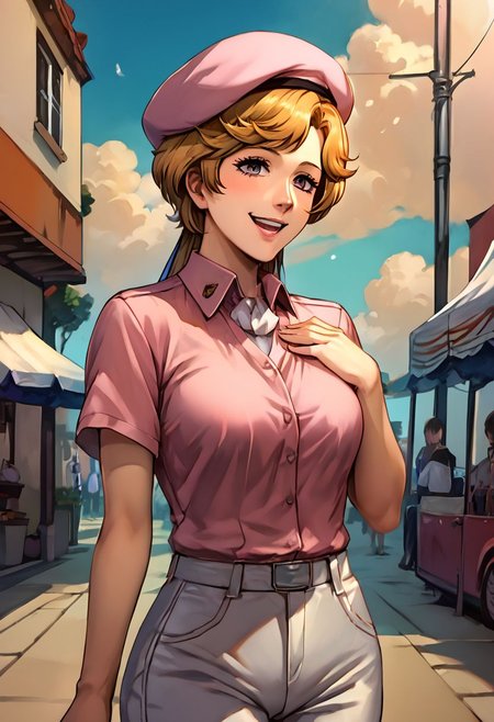 score_9, score_8_up, score_7_up, source_anime,
Frederica
hair ribbon, (best quality) , (highly detailed) ,masterpiece ,absurdres ,detailed face ,beautiful face ,(detailed eyes, deep eyes, anime eyes), 
1girl,solo,female,kawaii,cowboy_shot,pink shirt,shirt,short hat,black jacket,military uniform,white pants,cowboy_shot,hands_on_own_chest,smile,laughing,